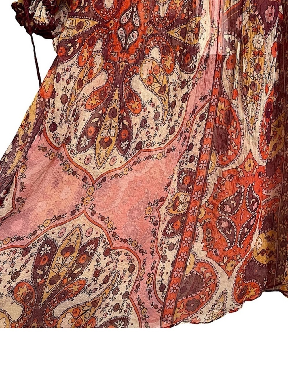 Ice Silk Boho Print Crochet Tassel Peasant Blouse Festival Cottagecore Top Sz S - Picture 5 of 12